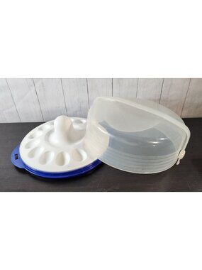 TUPPERWARE 3 PC ROUND CAKE TAKER DEVILLED EGG-CEPTIONAL TRAY 3985A CARRIER BLUE